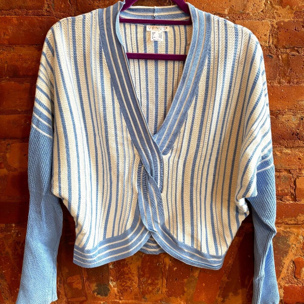 Cropped, loose, low striped & braided sweater